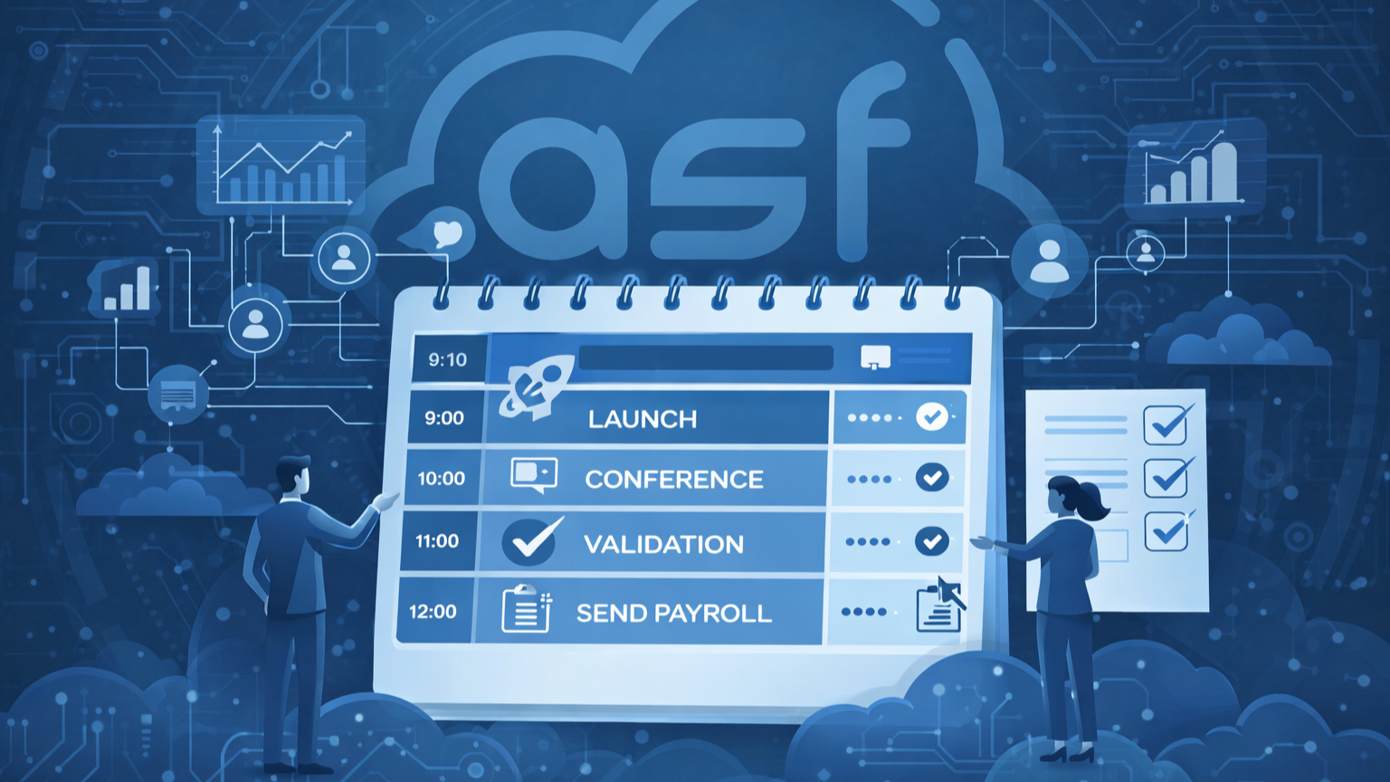 Agenda com blocos de tempo para lançamentos, conferências, validação e envio da folha